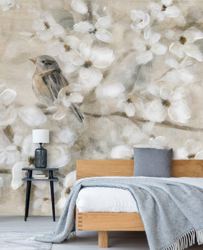 beige toned bird flower wallpaper