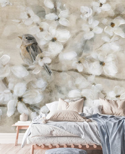 papel pintado de flores de pájaro en tonos beige