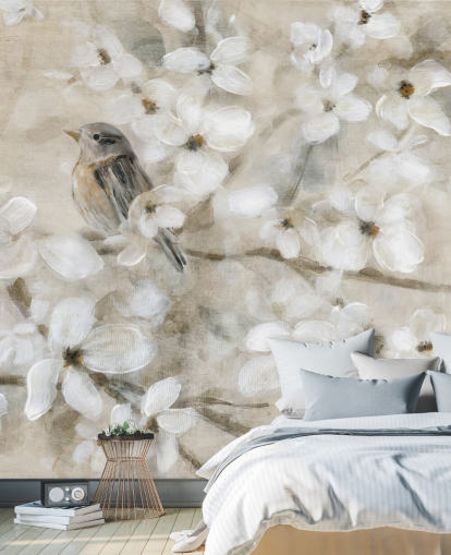 papier peint de fleurs d'oiseaux aux tons beiges