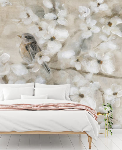 papier peint de fleurs d'oiseaux aux tons beiges