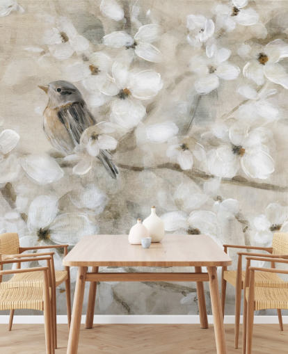 papel pintado de flores de pájaro en tonos beige