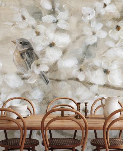 papel de parede de flor de pássaro bege