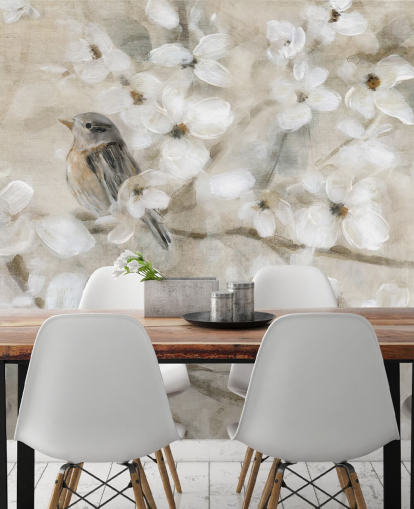 papel pintado de flores de pájaro en tonos beige