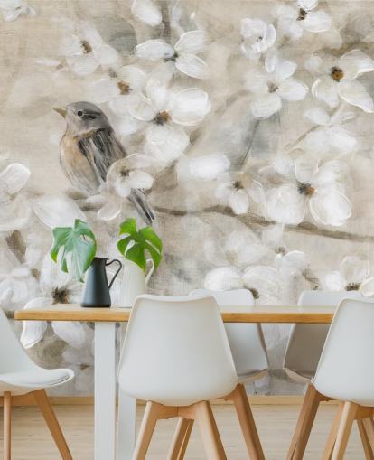 papier peint de fleurs d'oiseaux aux tons beiges