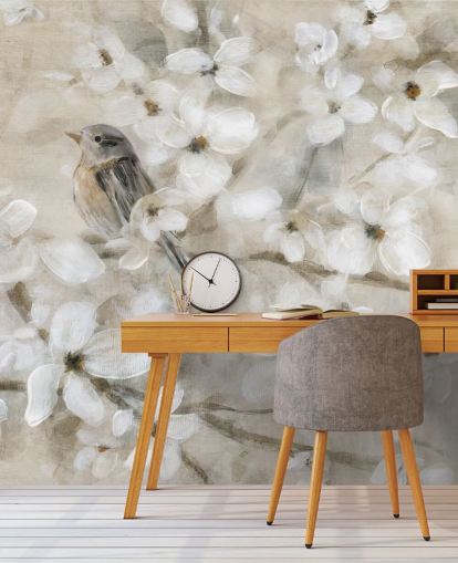 papel pintado de flores de pájaro en tonos beige papel pintado de flores de pájaro en tonos beige