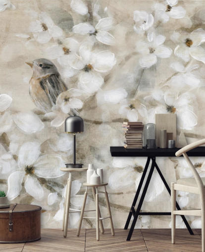 papel pintado de flores de pájaro en tonos beige