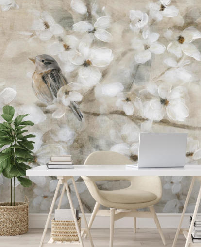 beige tonet fugl blomst tapet