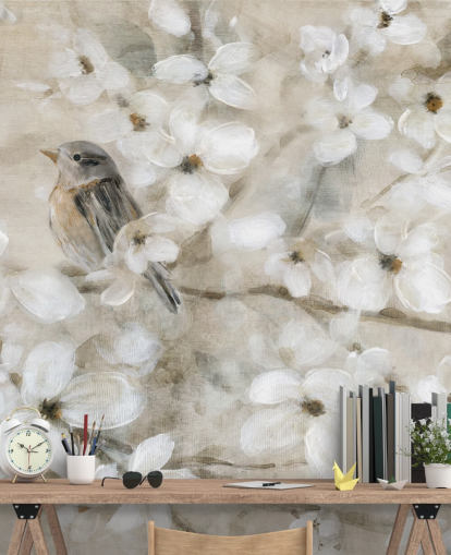 papel pintado de flores de pájaro en tonos beige