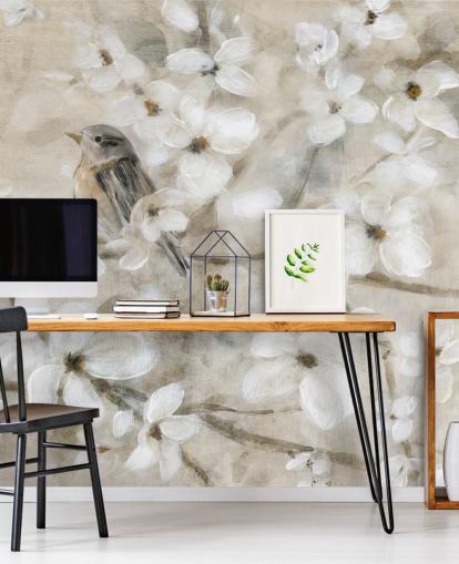 papel pintado de flores de pájaro en tonos beige