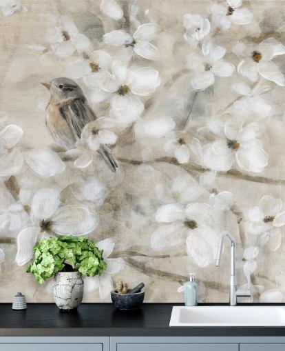 papel pintado de flores de pájaro en tonos beige