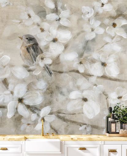 papier peint de fleurs d'oiseaux aux tons beiges