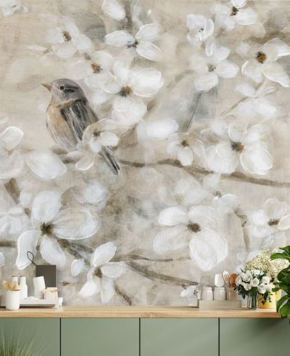 beige toned bird flower wallpaper
