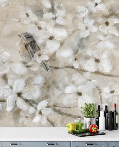 beige toned bird flower wallpaper