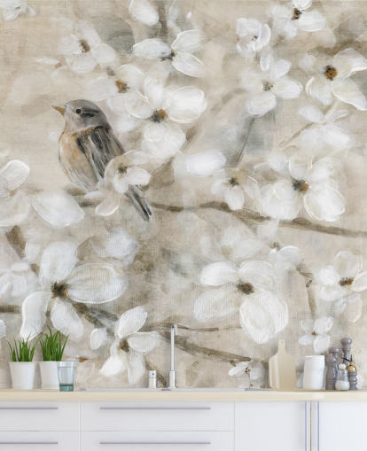 beige toned bird flower wallpaper