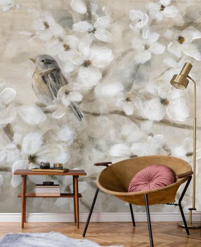 beige gekleurd vogelbloem behang