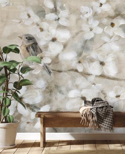 beige toned bird flower wallpaper