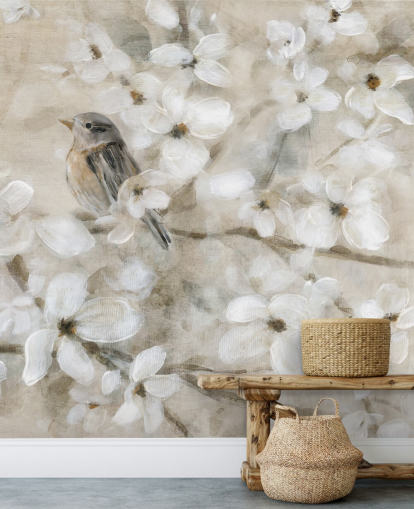 papier peint de fleurs d'oiseaux aux tons beiges papier peint de fleurs d'oiseaux aux tons beiges