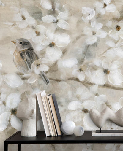 beige tonet fugl blomst tapet