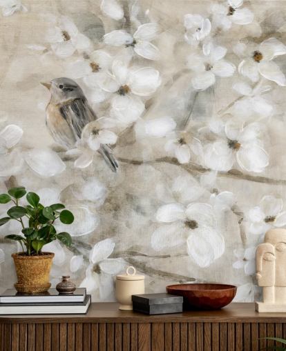 papier peint de fleurs d'oiseaux aux tons beiges