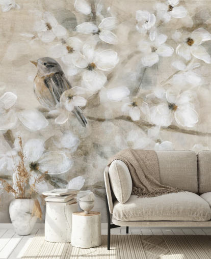 papel pintado de flores de pájaro en tonos beige