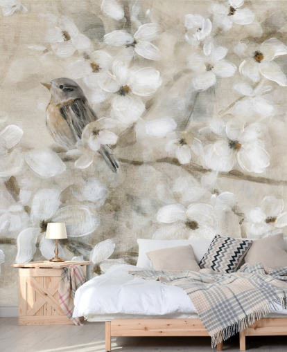 papier peint de fleurs d'oiseaux aux tons beiges