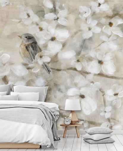papel pintado de flores de pájaro en tonos beige
