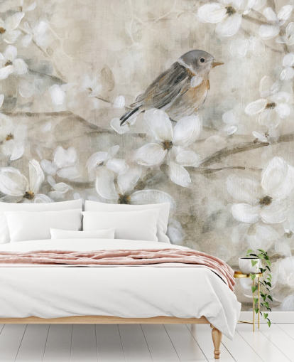 carta da parati beige con fiori e uccelli