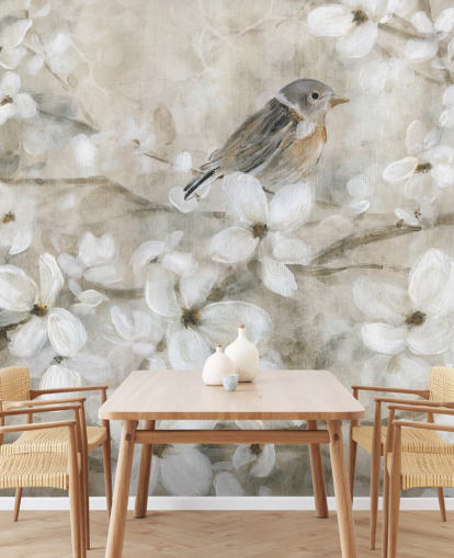beige toned blossom and bird wallpaper