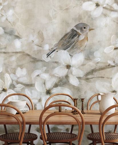 beige toned blossom and bird wallpaper