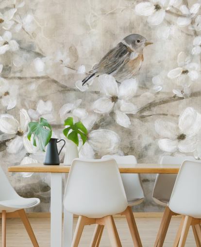 beige gekleurd bloesem en vogelbehang