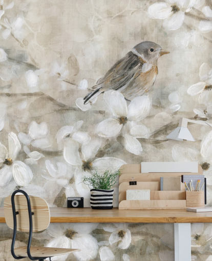 beige gekleurd bloesem en vogelbehang