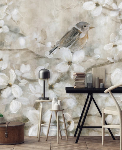 beige toned blossom and bird wallpaper