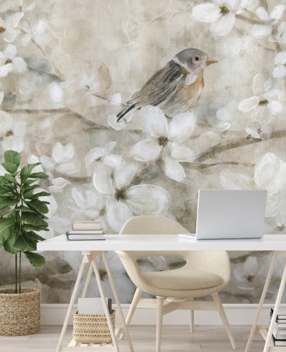 papier peint fleurs et oiseaux aux tons beiges