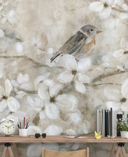 beige toned blossom and bird wallpaper