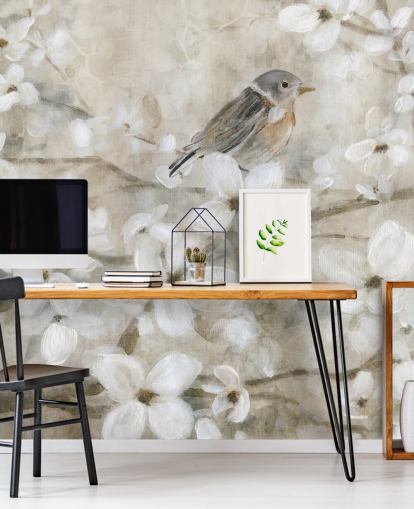 papier peint fleurs et oiseaux aux tons beiges