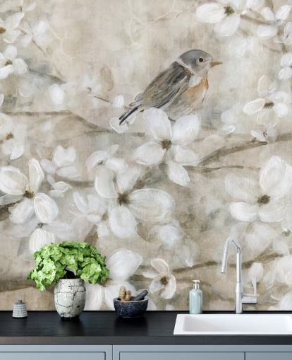 beige tonad blomma och fågel tapeter