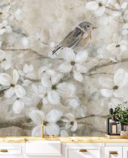 papel pintado de flores y pájaros en tonos beige papel pintado de flores y pájaros en tonos beige