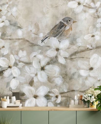 papier peint fleurs et oiseaux aux tons beiges papier peint fleurs et oiseaux aux tons beiges