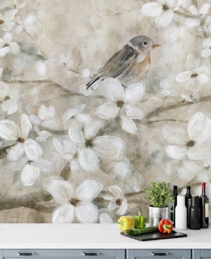 papel pintado de flores y pájaros en tonos beige papel pintado de flores y pájaros en tonos beige