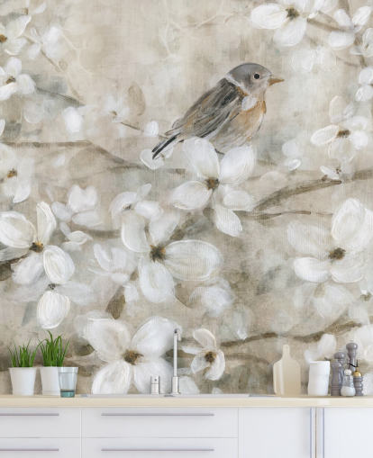 papier peint fleurs et oiseaux aux tons beiges