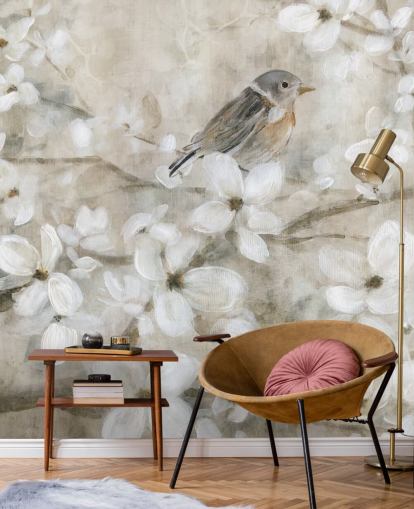 beige toned blossom and bird wallpaper