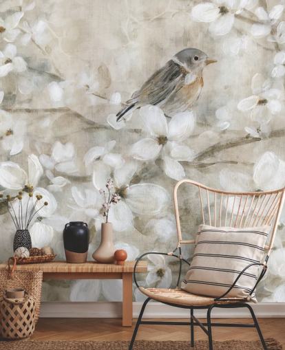 beige toned blossom and bird wallpaper beige toned blossom and bird wallpaper