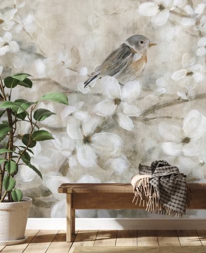 beige tonet blomst og fugl tapet