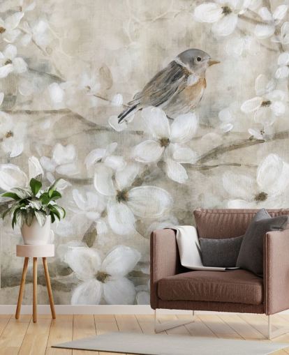 papel pintado de flores y pájaros en tonos beige