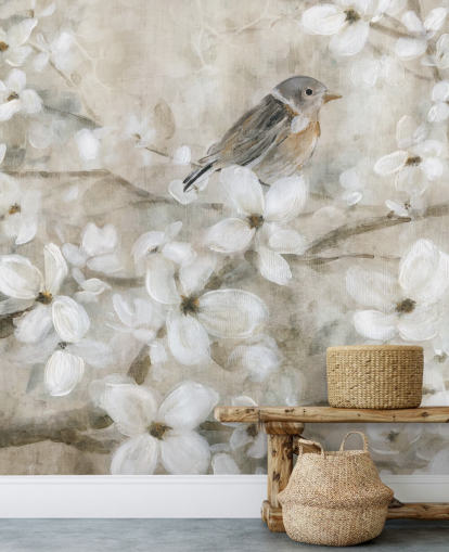 beige toned blossom and bird wallpaper