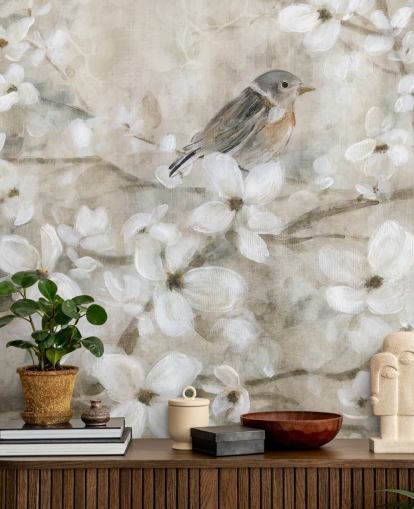 beige gekleurd bloesem en vogelbehang