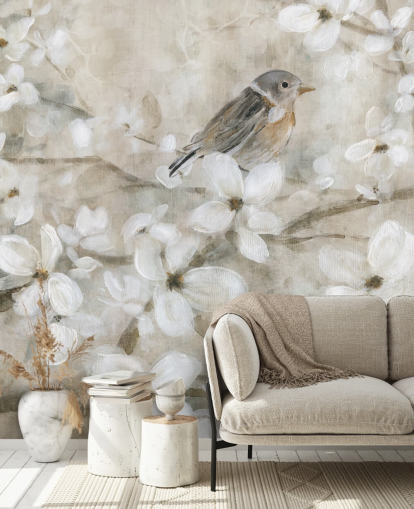 papier peint fleurs et oiseaux aux tons beiges
