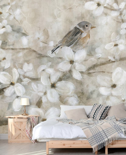 beige gekleurd bloesem en vogelbehang