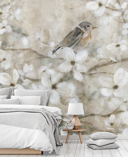 beige tonet blomst og fugl tapet