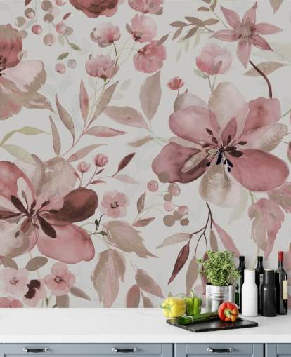papel de parede floral em aquarela rosa pastel